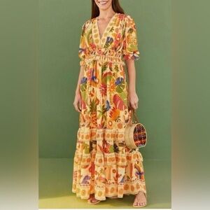 FARM Rio Yellow Rio Tapestry Maxi Dress sz small